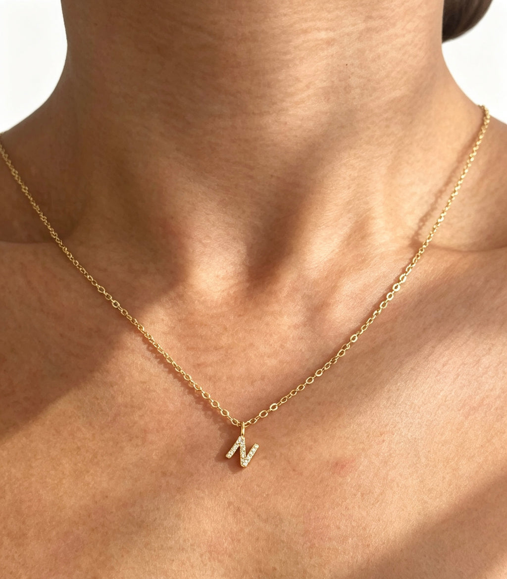 14K Gold Plated Zircon Initial "N" Necklace | S925 Silver | Handmade