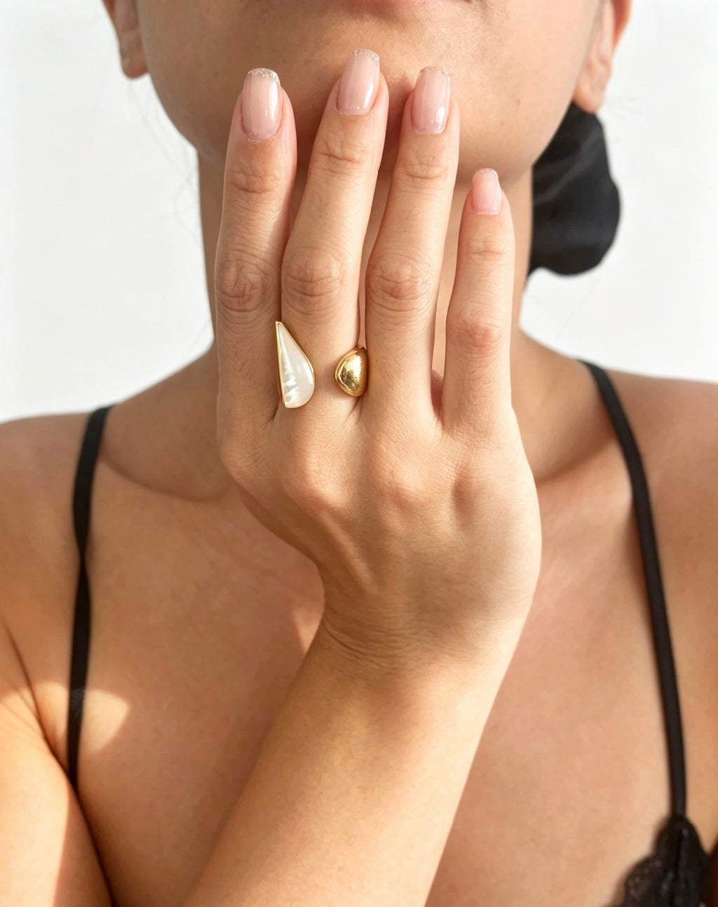 14K Gold Plated Mother of Pearl Open Ring | Sculptural Design
