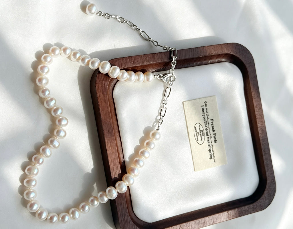 Collar de perlas luminosas | Perlas naturales de 10 mm, plata