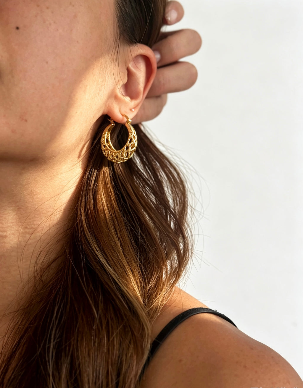 14K Gold Plated Lattice Hoop Earrings | Filigree Design