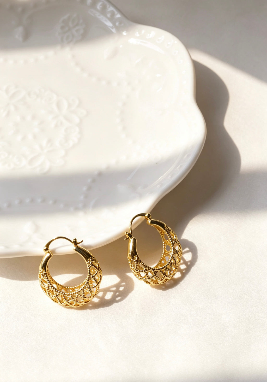 14K Gold Plated Lattice Hoop Earrings | Filigree Design