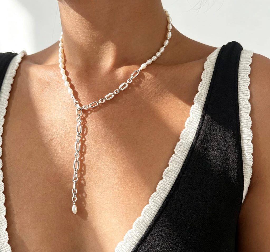 Collar de perlas de concha | Cuentas de concha natural de 4 mm, plata