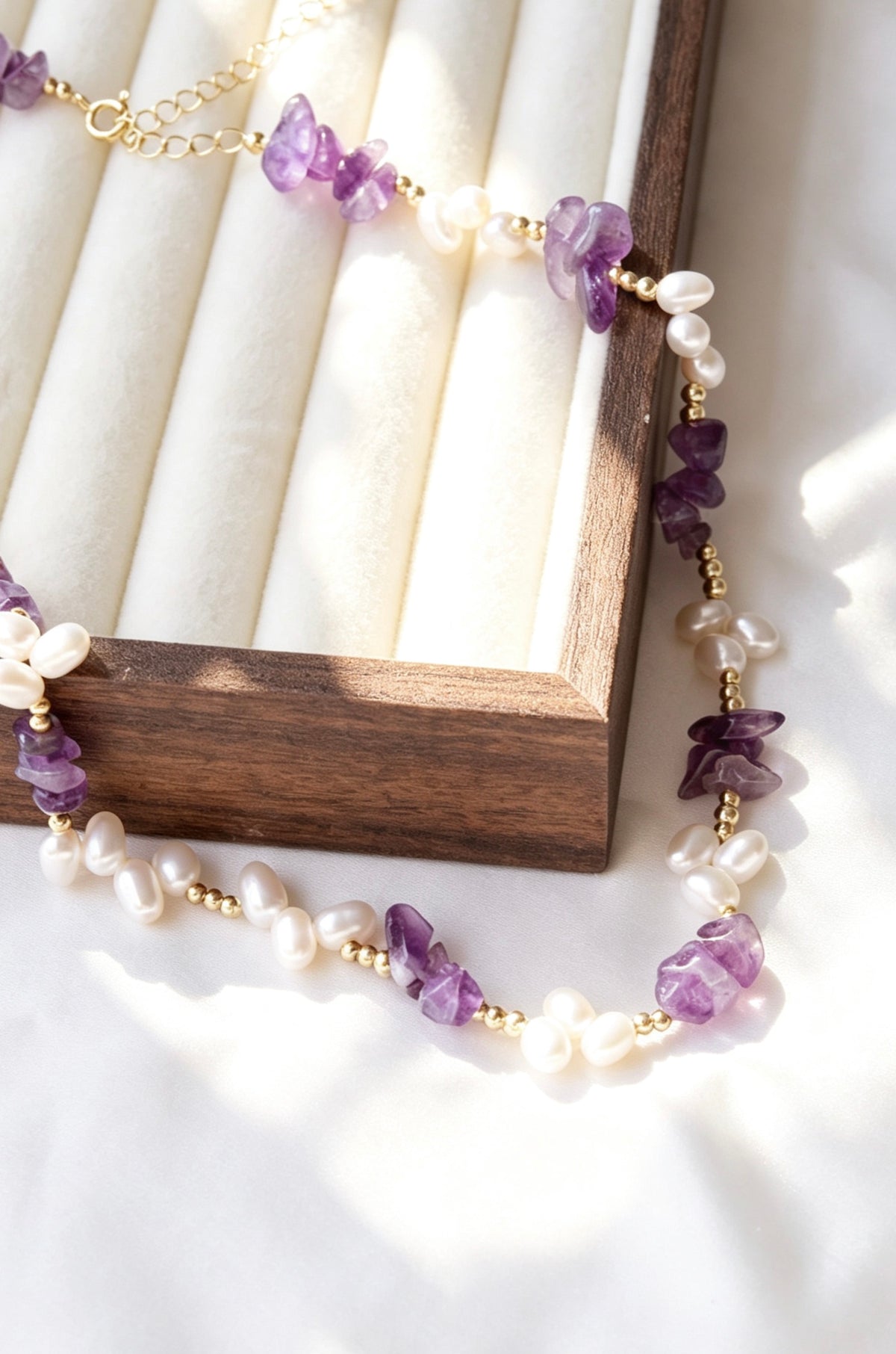 14K Gold Plated Raw Amethyst & Freshwater Pearl Necklace | Handmade