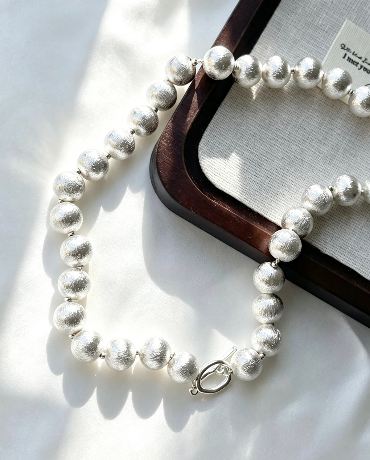 Silver Brushed 12mm Bead Necklace | Copper Plated
