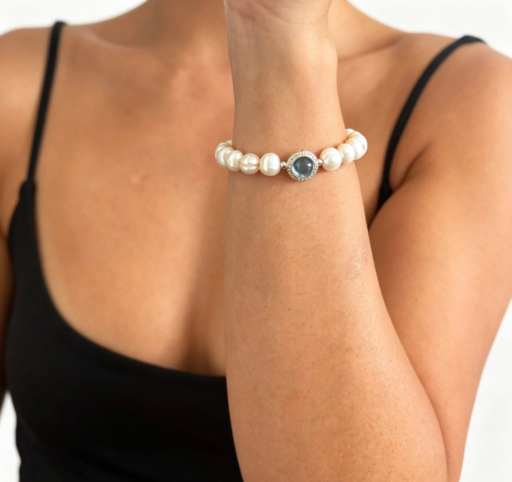 Pulsera de perlas aguamarina | Perlas de agua dulce de 8 mm, plata