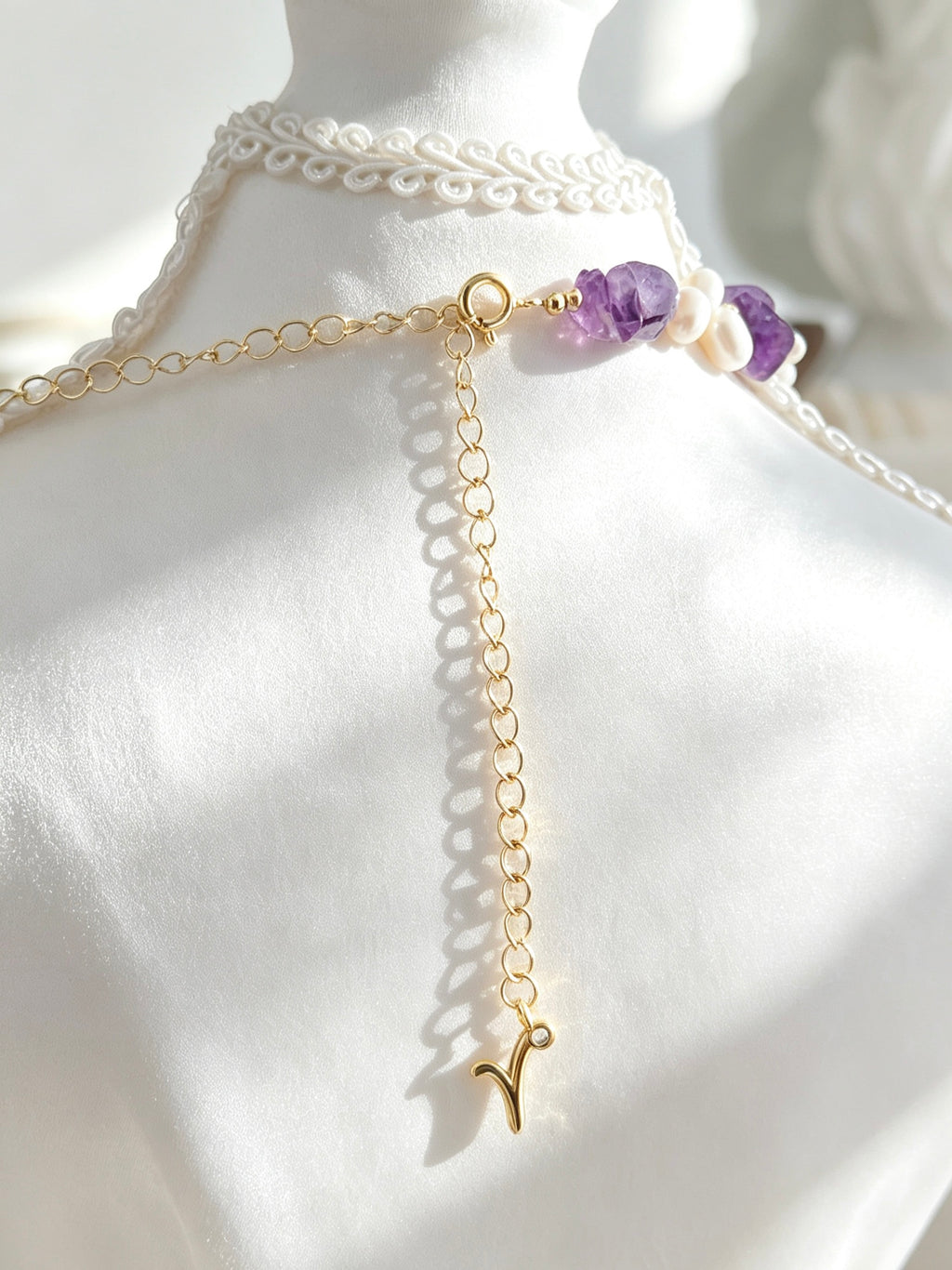 14K Gold Plated Raw Amethyst &amp; Freshwater Pearl Necklace | Handmade