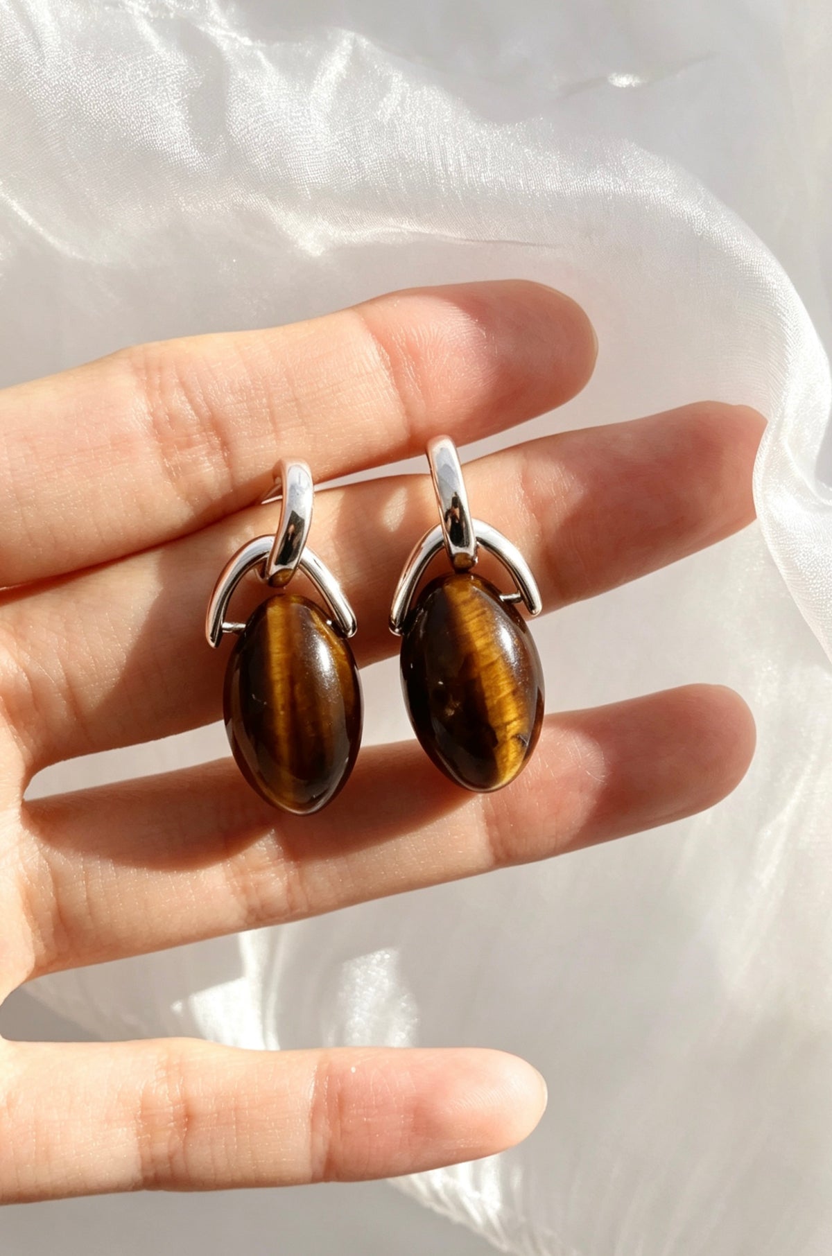 Pendientes de Ojo de Tigre | Piedra Natural de Plata Esterlina S925