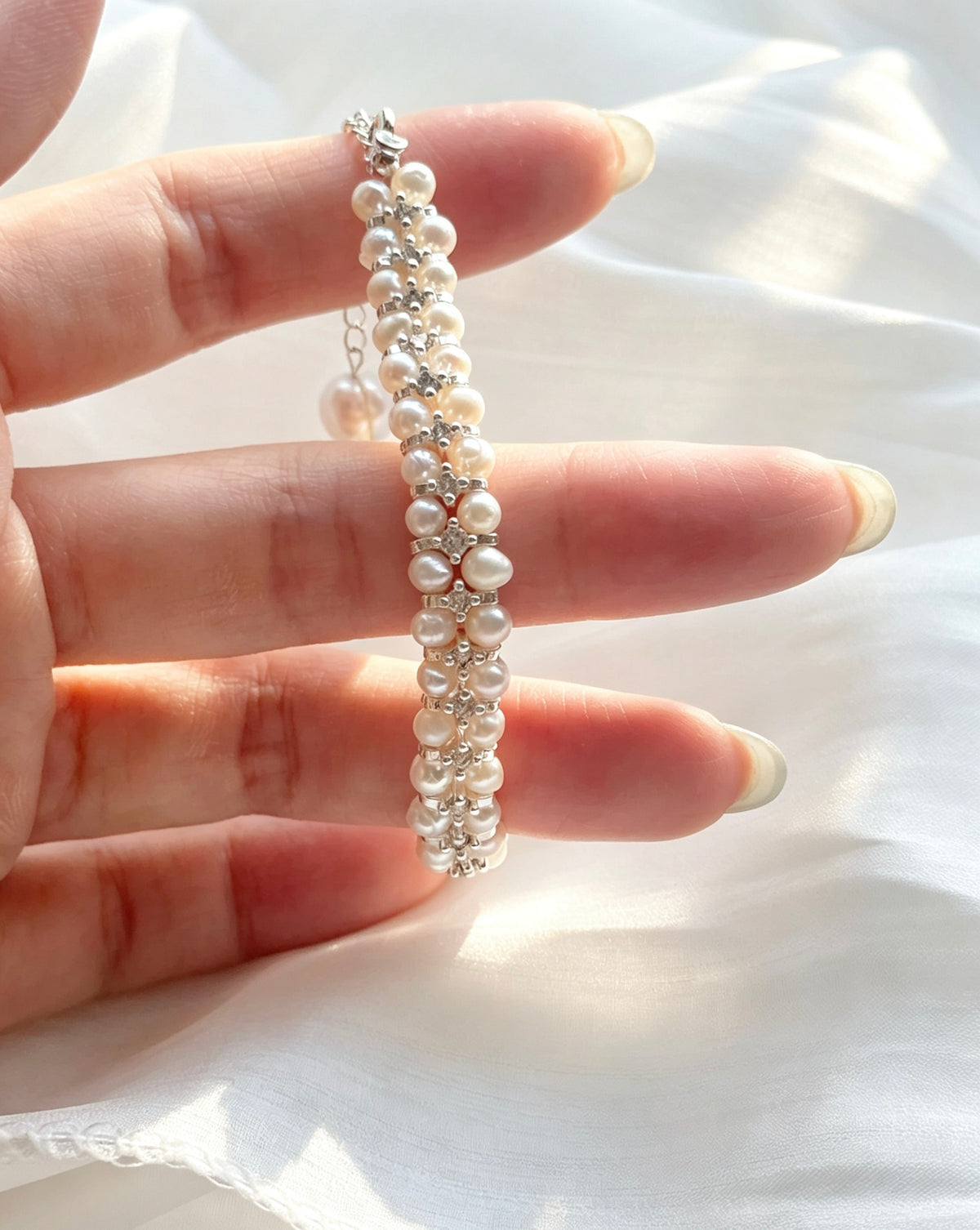 CZ Double Strand Pearl Bracelet | 4mm Freshwater Pearls, Silver