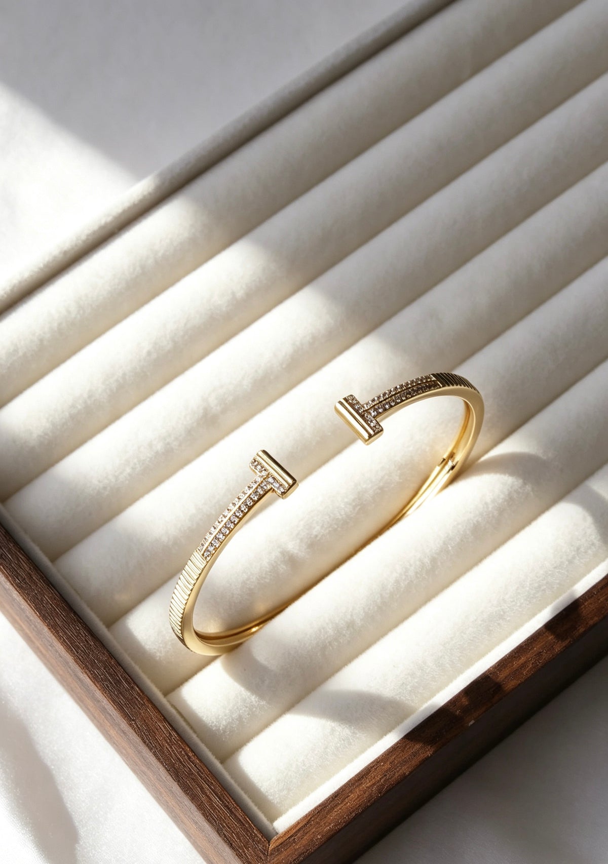 14K Gold Plated Double T Pave Zircon Bangle | Hinged Cuff