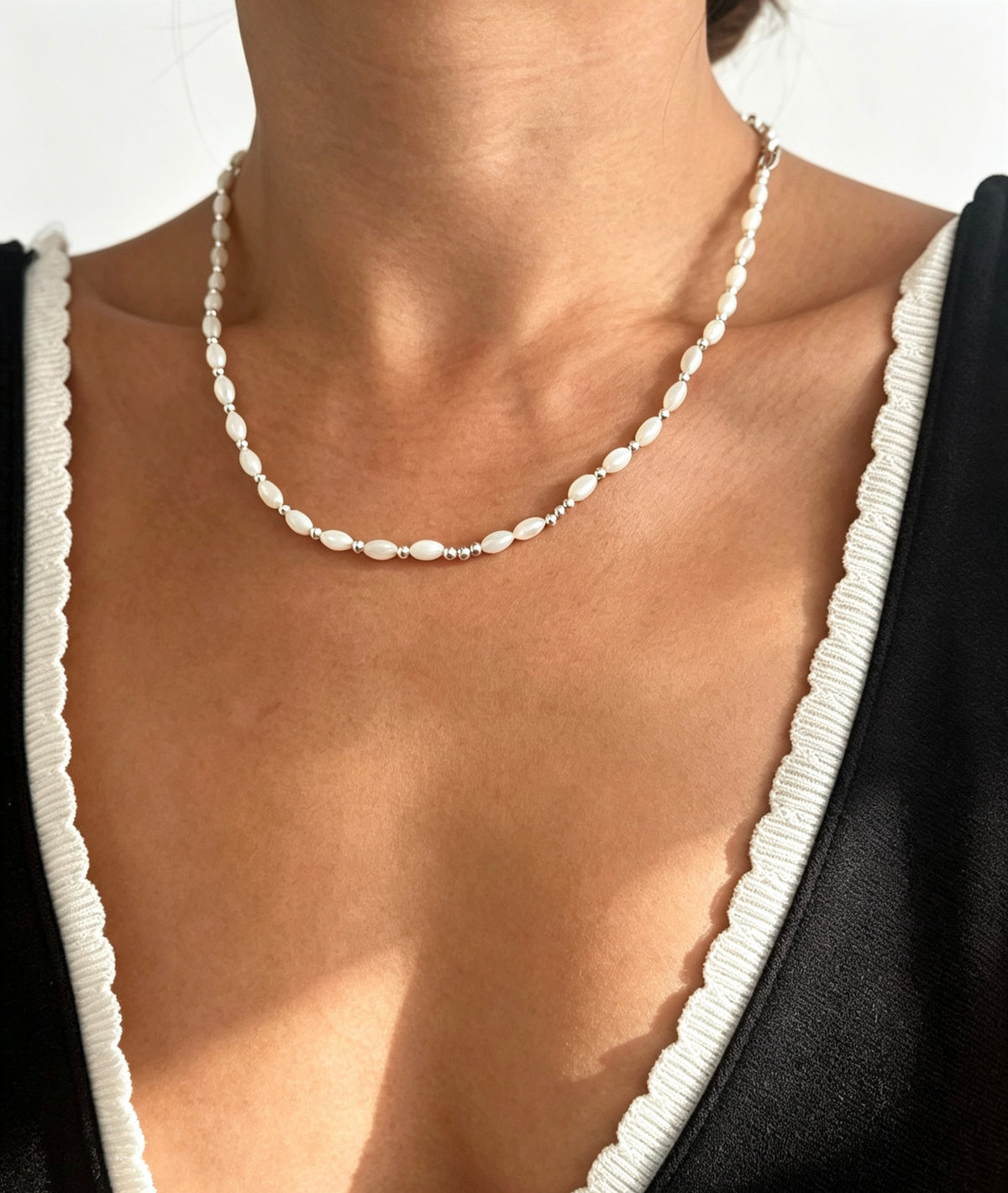 Collar de perlas de concha | Cuentas de concha natural de 4 mm, plata