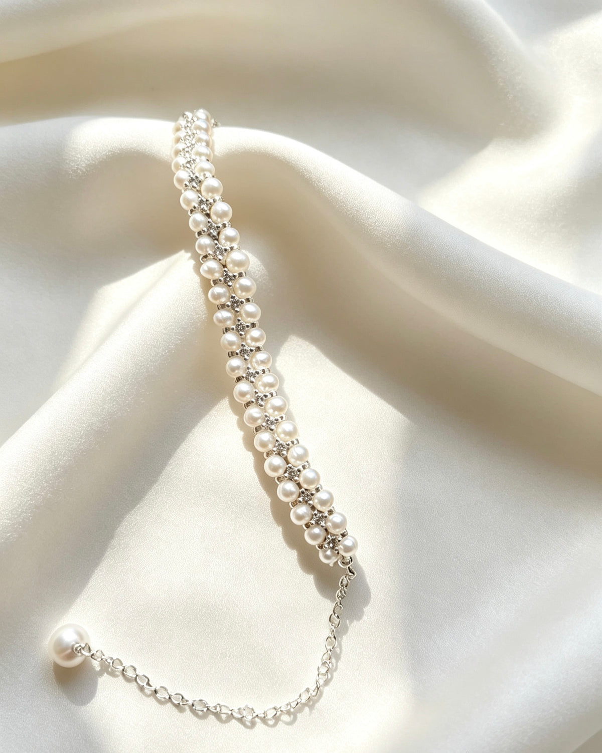 CZ Double Strand Pearl Bracelet | 4mm Freshwater Pearls, Silver
