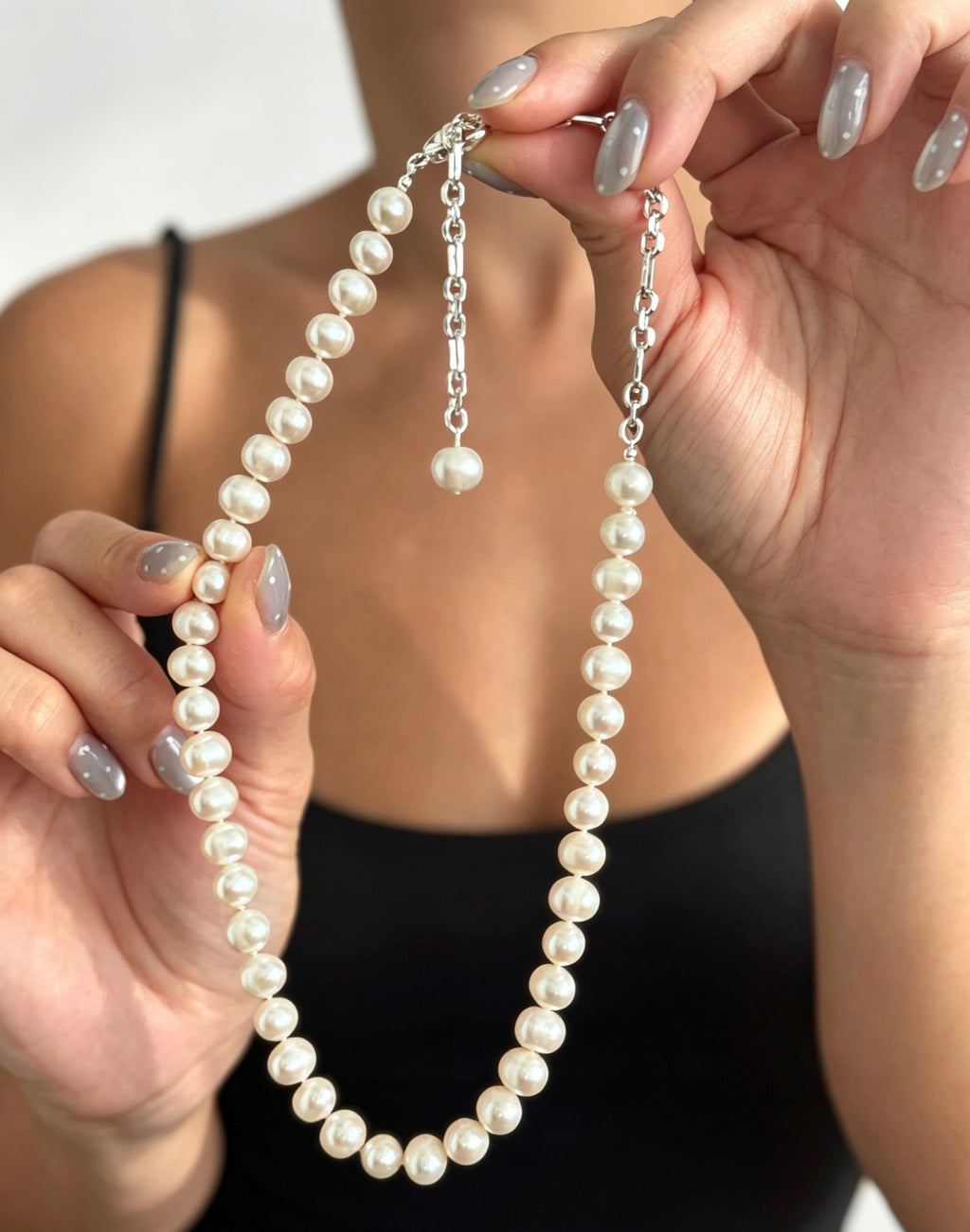 Collar de perlas luminosas | Perlas naturales de 10 mm, plata