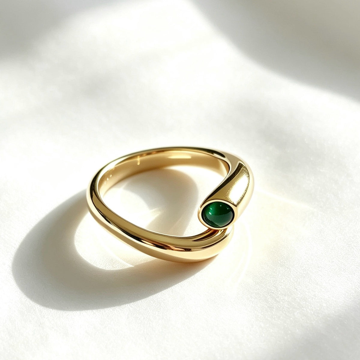 Anillo abierto de esmeralda bañado en oro de 14 quilates | Diseño espiral escultural