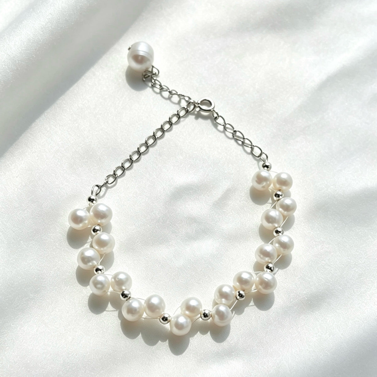 Pulsera de perlas Lace | Perlas de agua dulce naturales de 4 mm, plata