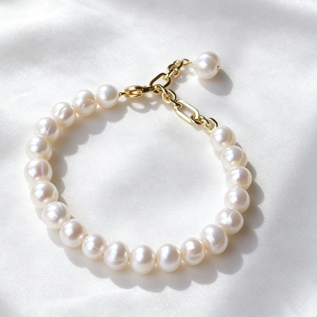 Pearl Bracelet | 8mm Natural Freshwater Pearls, 14K Gold Plated