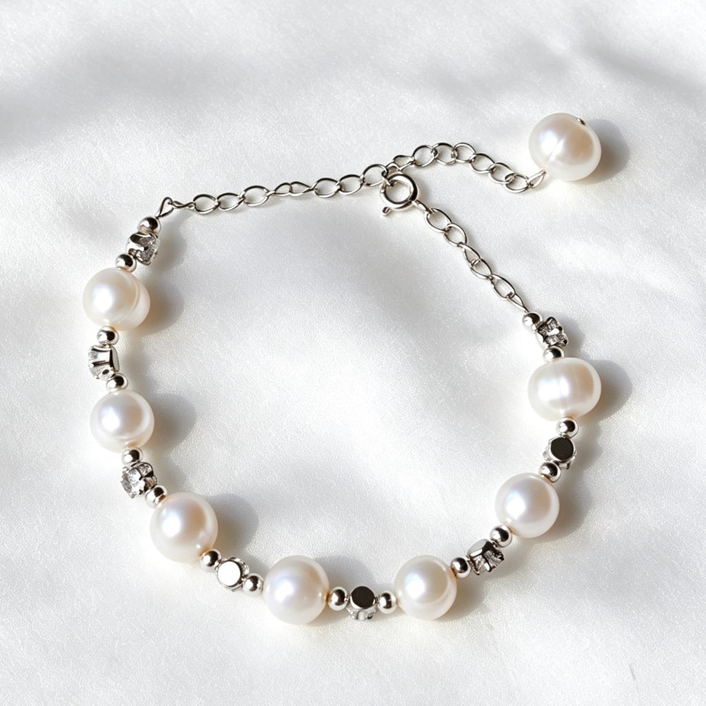 Pulsera de perlas | Perlas de agua dulce de 8 mm y detalles de circonita, plata