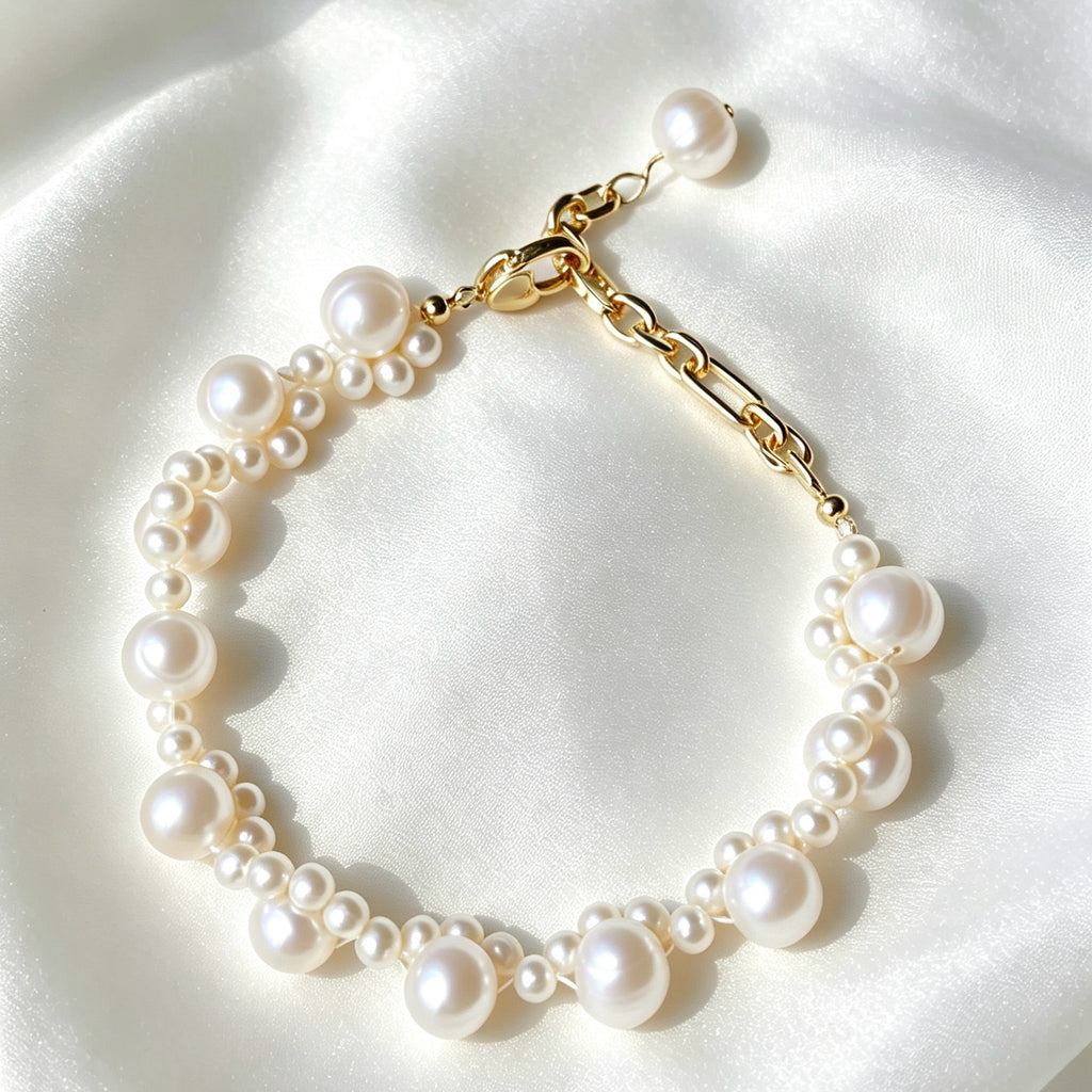 Pulsera de perlas de encaje | Perlas de agua dulce de 4 mm y 8 mm, oro
