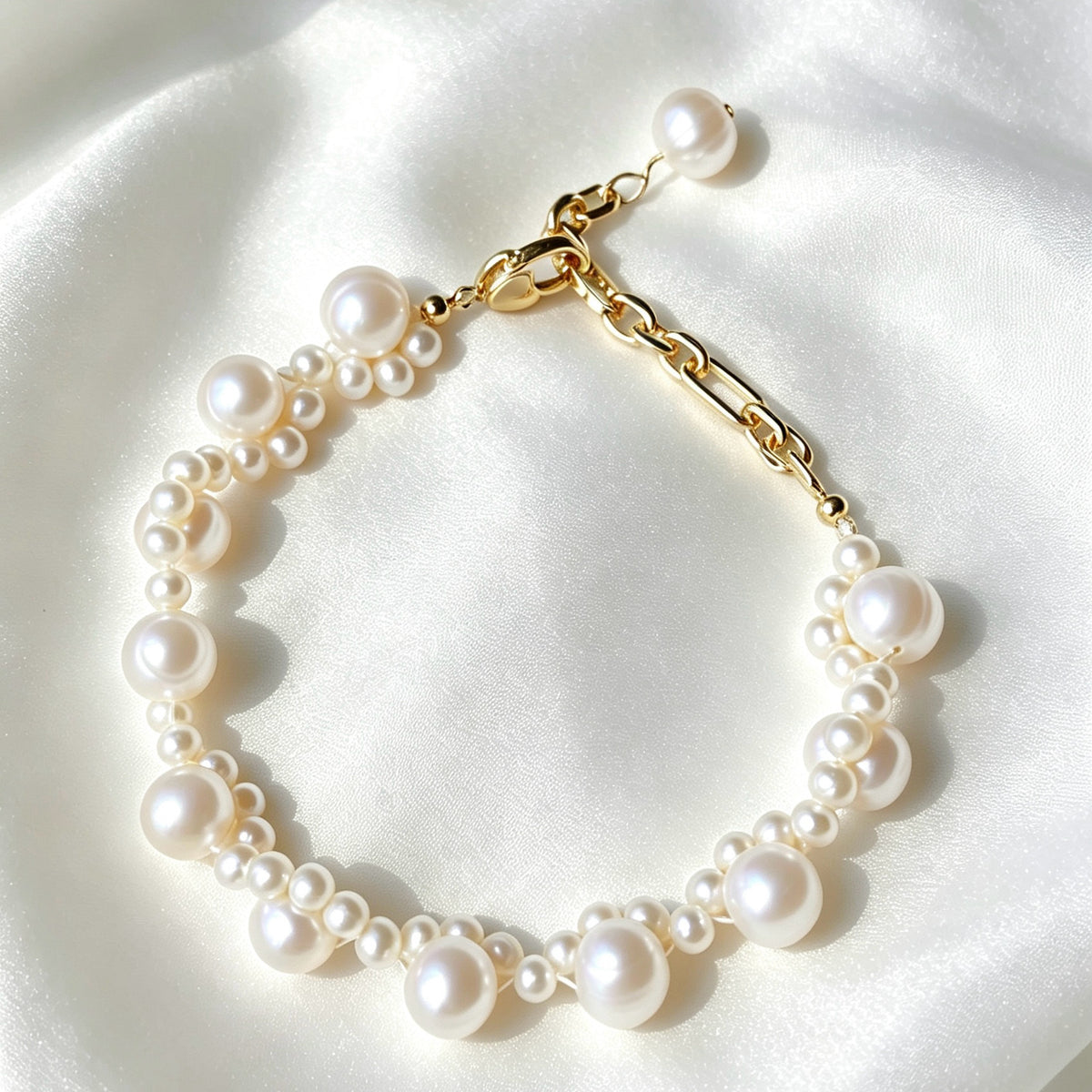 Pulsera de perlas de encaje | Perlas de agua dulce de 4 mm y 8 mm, oro