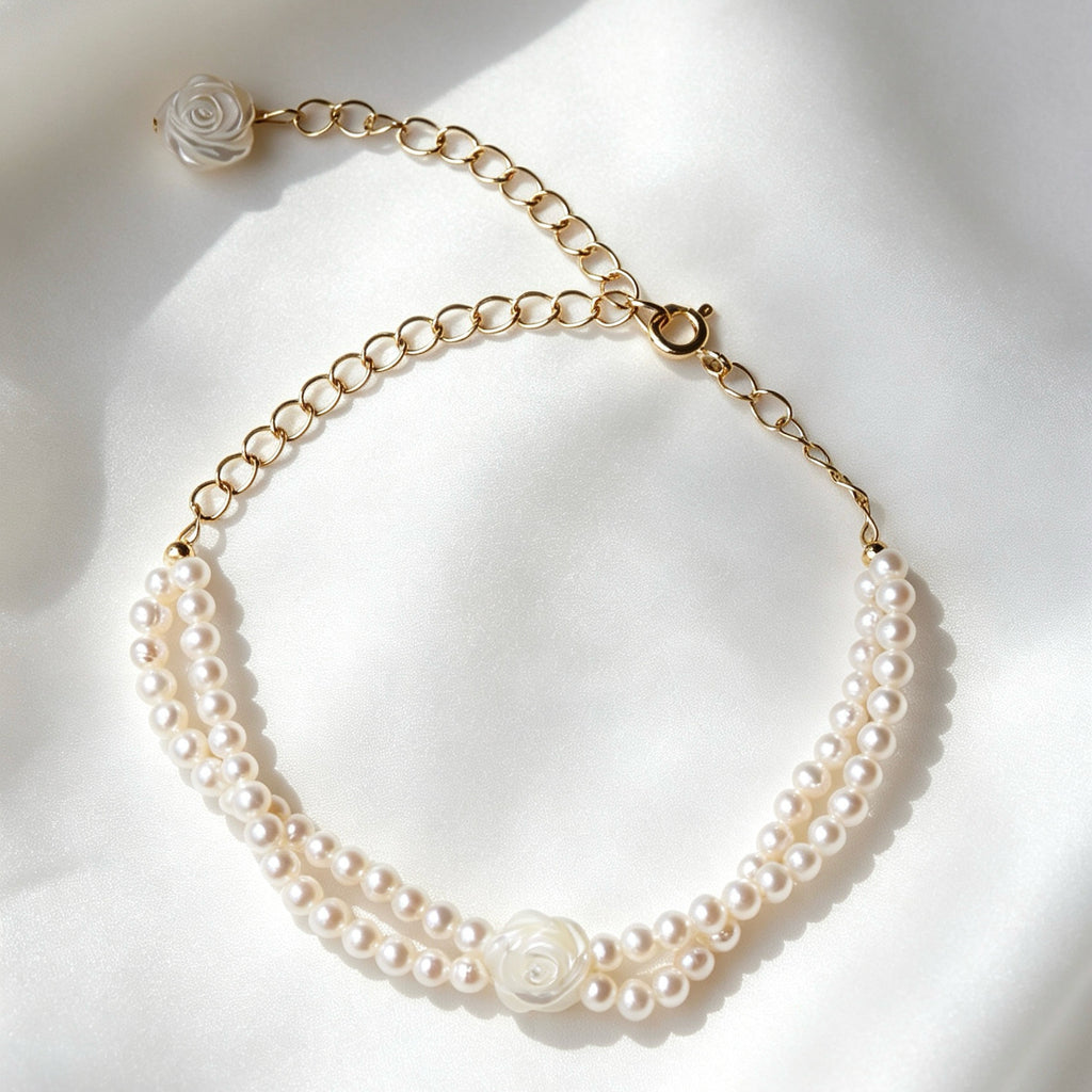 Pulsera de perlas rosas | Perlas de agua dulce de 4 mm, chapado en oro de 14 K