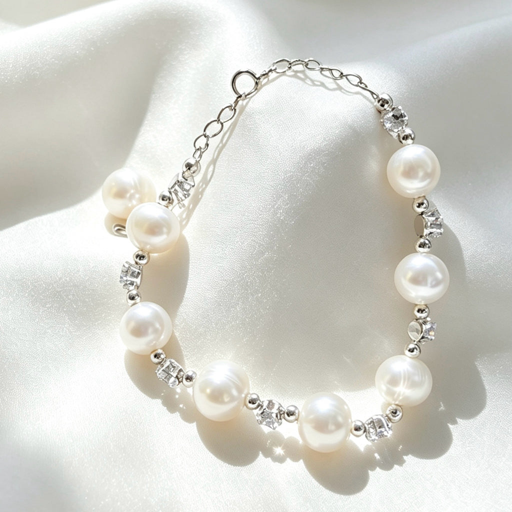 Pulsera de perlas | Perlas de agua dulce de 8 mm y detalles de circonita, plata