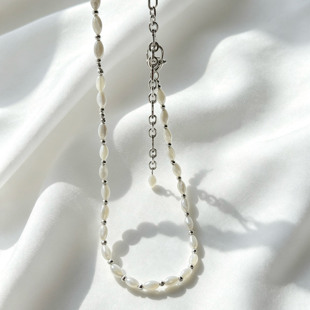 Collar de perlas de concha | Cuentas de concha natural de 4 mm, plata
