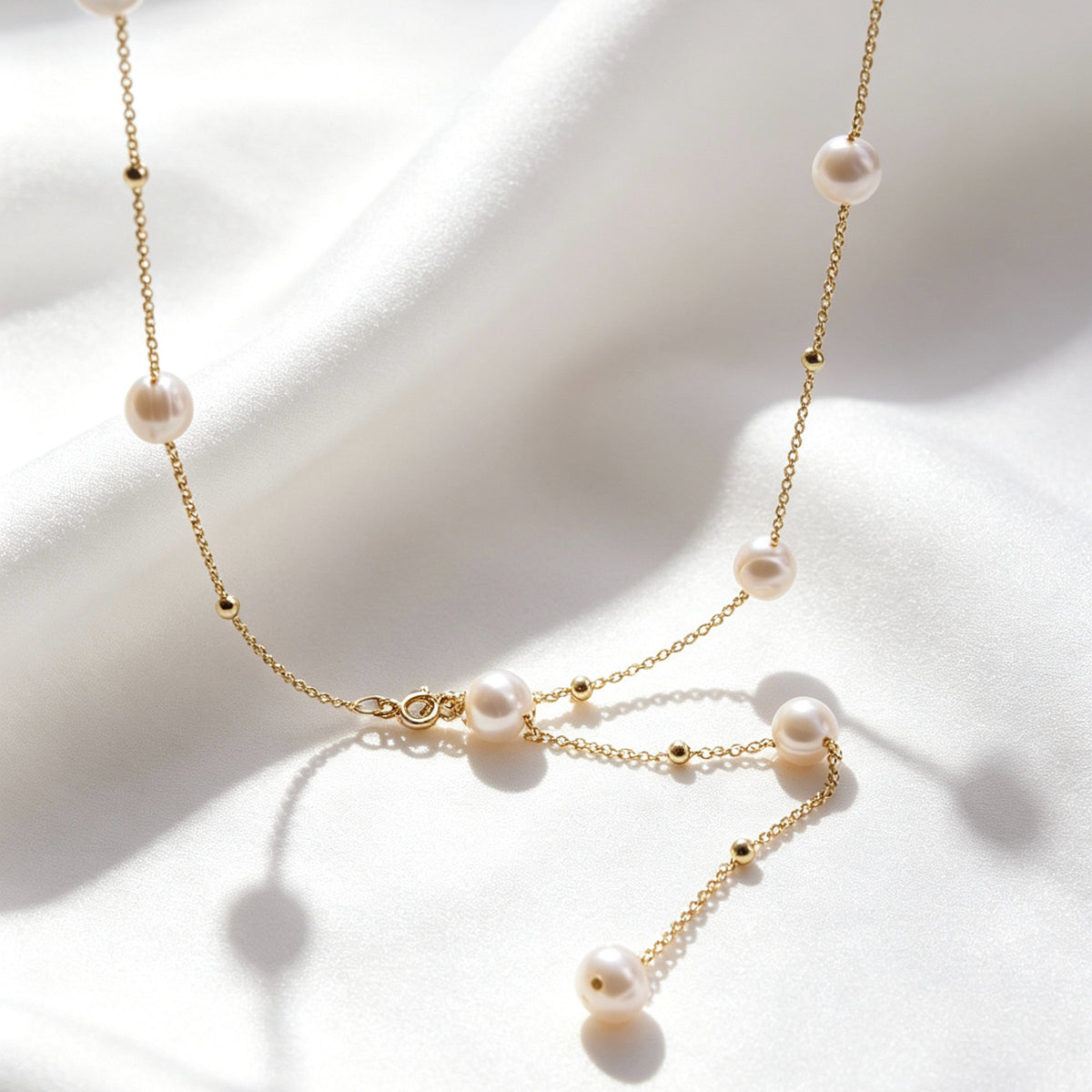 Dainty Pearl Station Necklace | 8mm Freshwater Pearls & 14K Gold Accents