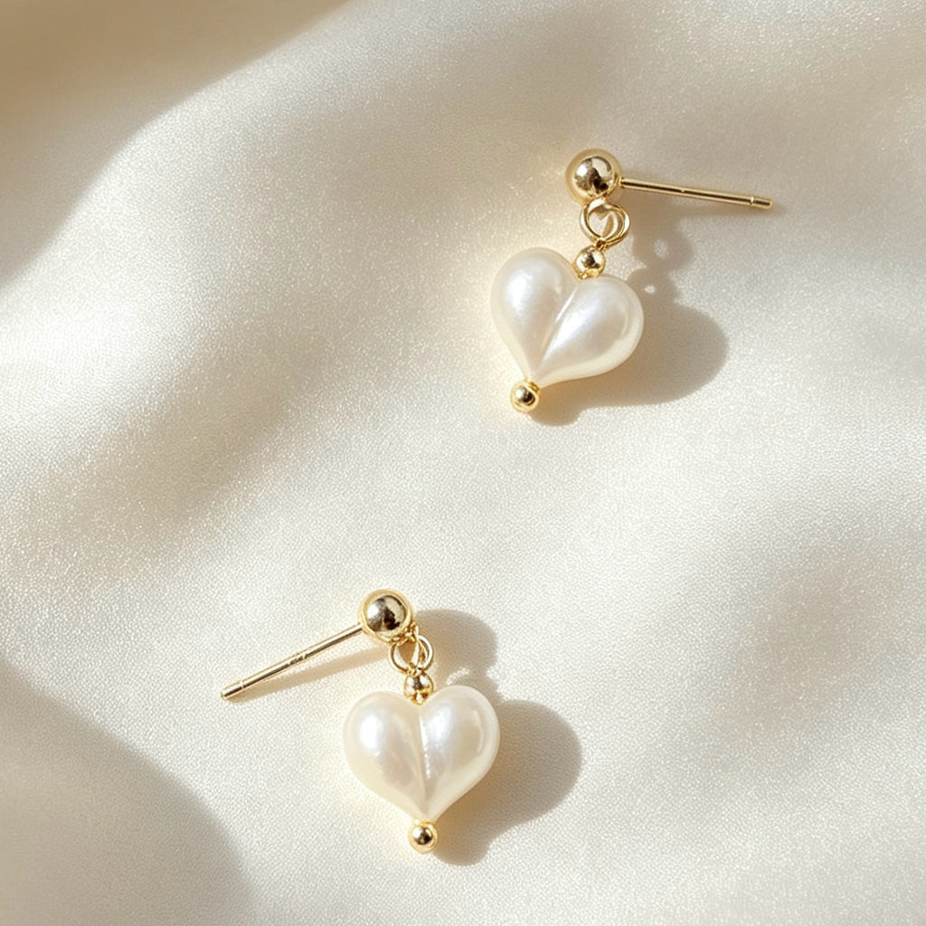 Pendientes de corazón en nácar | Baño de oro de 14K, plata S925