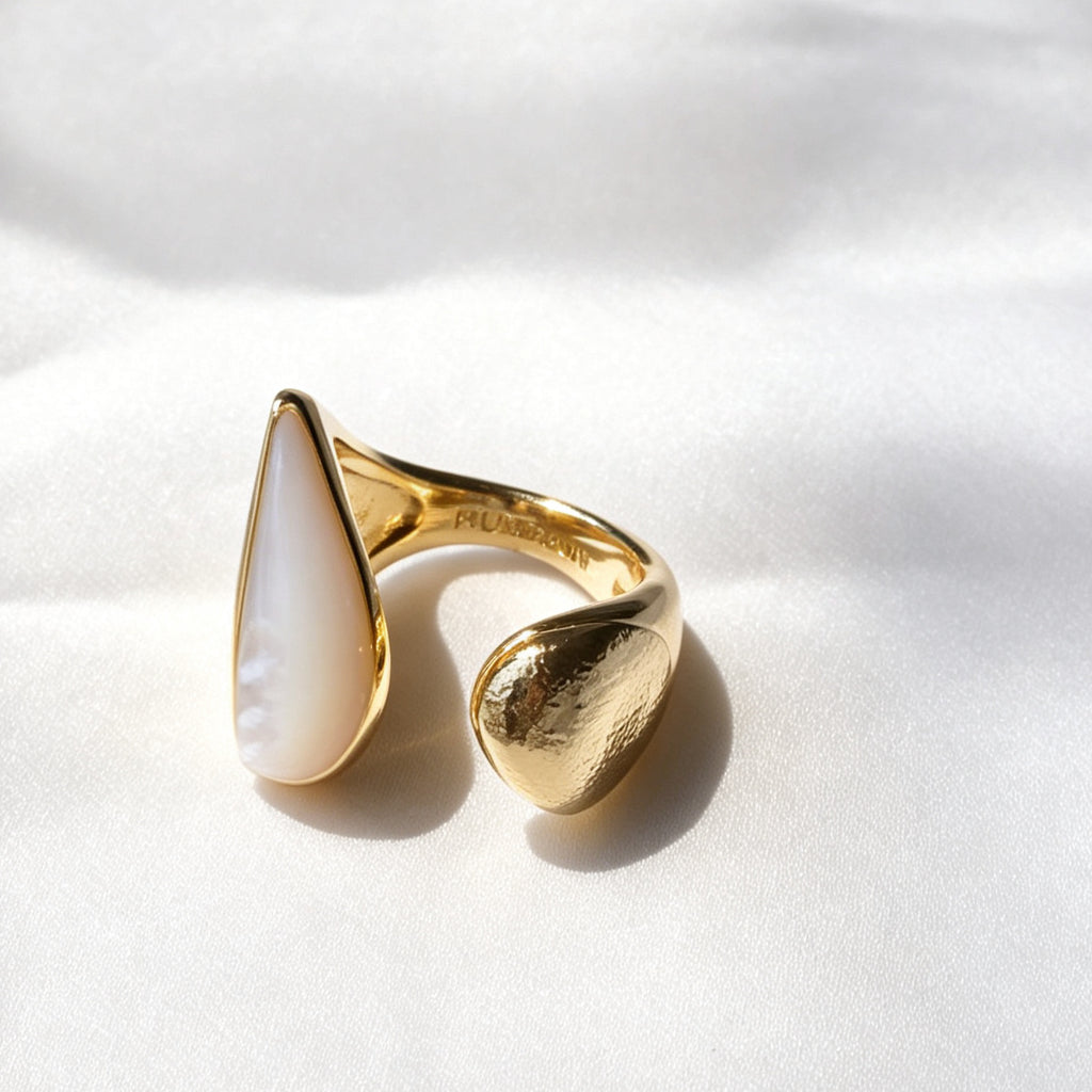 14K Gold Plated Mother of Pearl Open Ring | Sculptural Design
