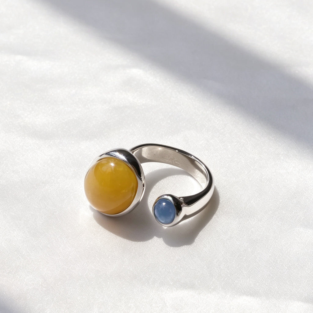 Silver Plated Citrine & Blue Topaz Open Ring | Sculptural Design
