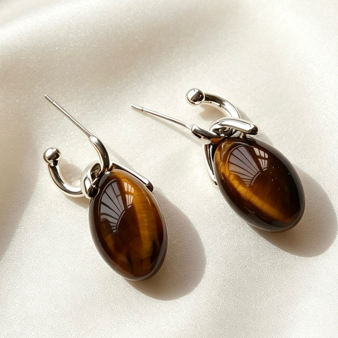Pendientes de Ojo de Tigre | Piedra Natural de Plata Esterlina S925
