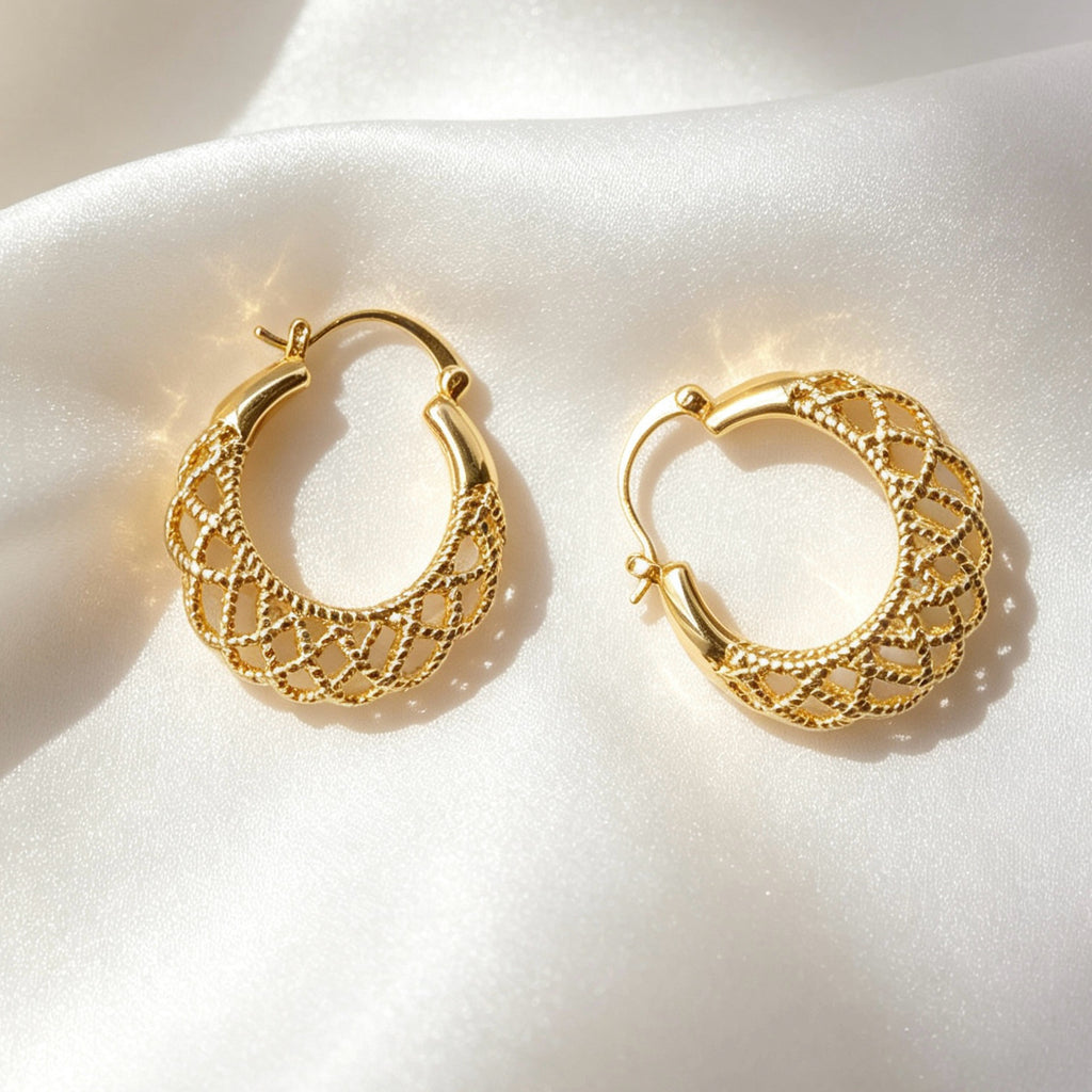 14K Gold Plated Lattice Hoop Earrings | Filigree Design