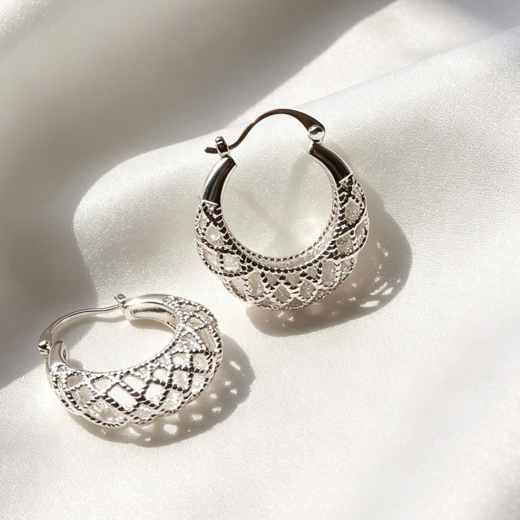 Silver Plated Lattice Hoop Earrings | Filigree Design