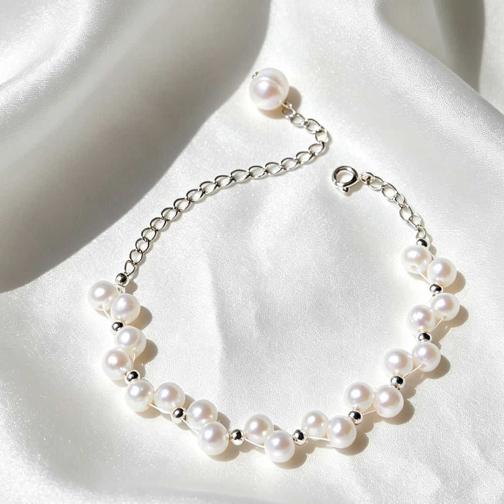 Lace Pearl Bracelet | 4mm Natural Freshwater Pearls, Silver