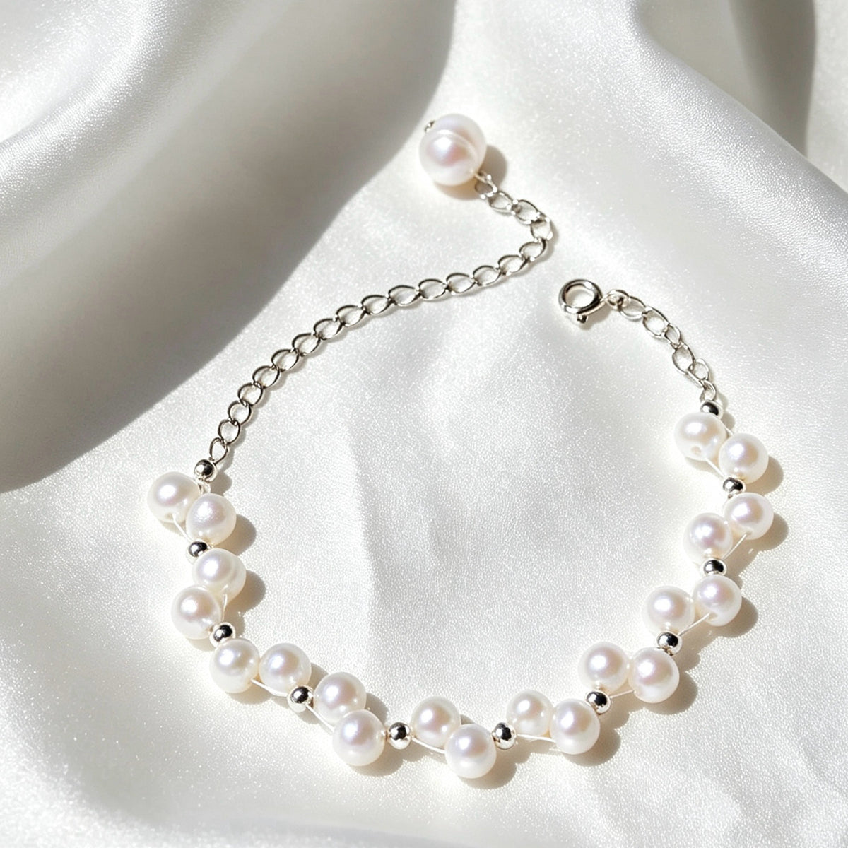 Pulsera de perlas Lace | Perlas de agua dulce naturales de 4 mm, plata