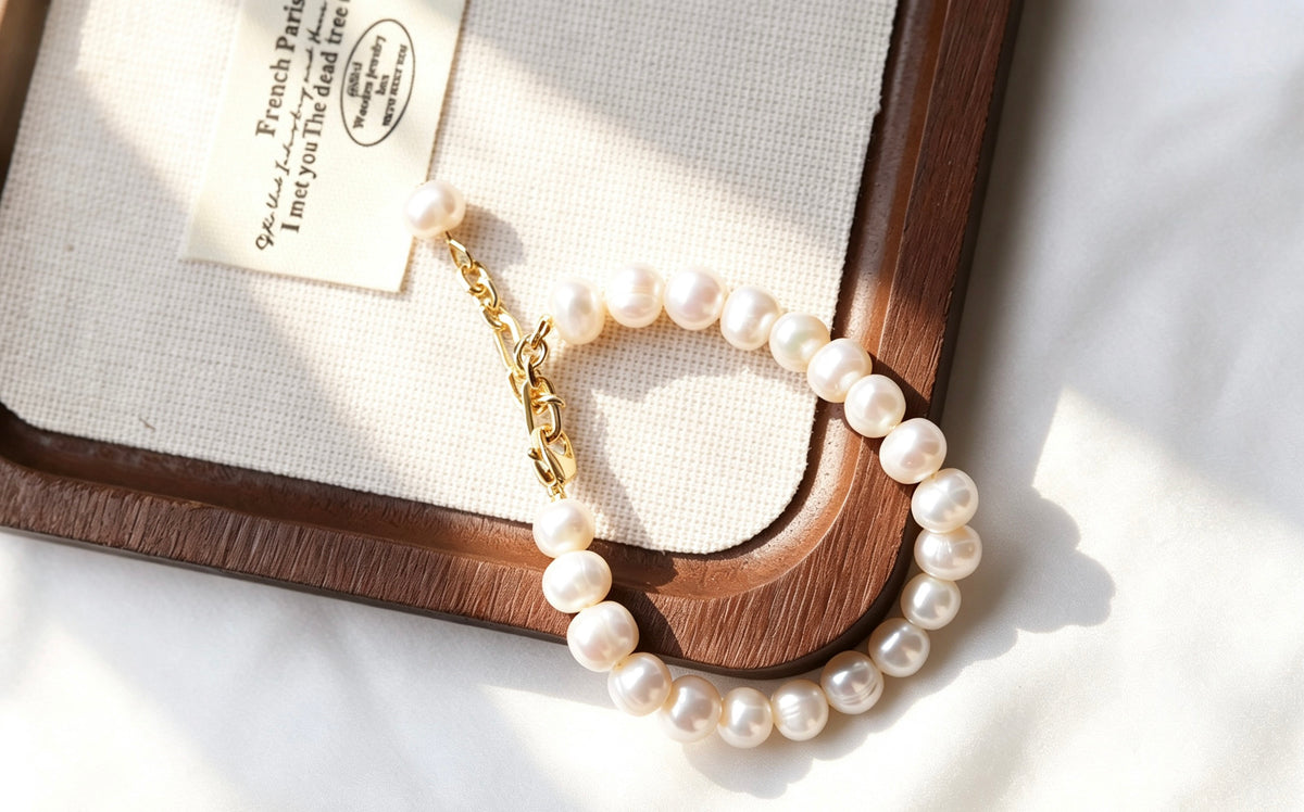 Pearl Bracelet | 8mm Natural Freshwater Pearls, 14K Gold Plated
