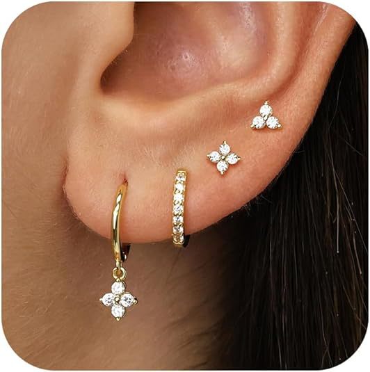 Juego de aretes de circonita cúbica bañados en oro de 14 quilates | 4 piezas, postes de plata S925
