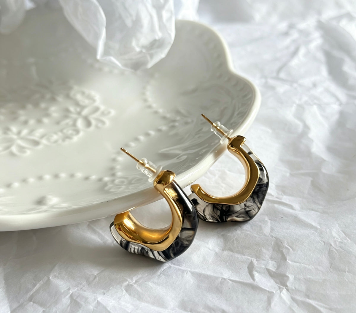 14K Gold Plated Resin C-Shape Earrings | S925 Sterling Silver Posts